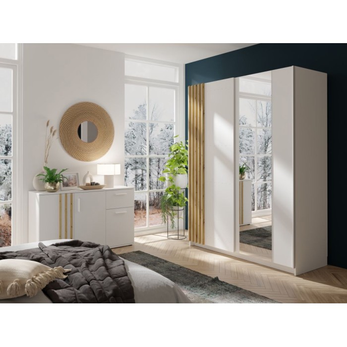 Commode VARIA - 3 portes et 1 tiroir - Design moderne coloris blanc et chêne artisan