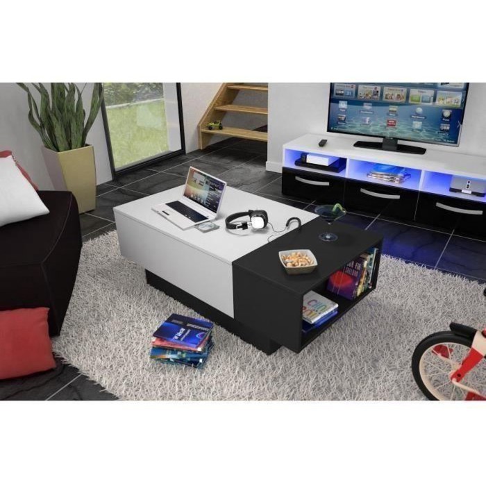 Table basse bar IZIA - Noir et blanc avec rangement - Dimensions 117 x 52 x 40 cm