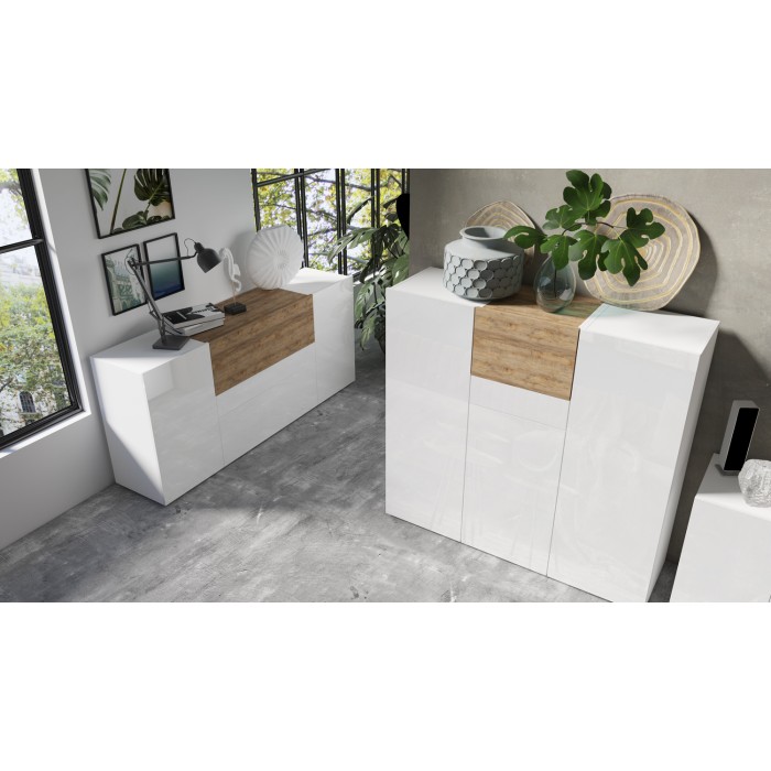 Buffet haut design RIGA blanc et chêne