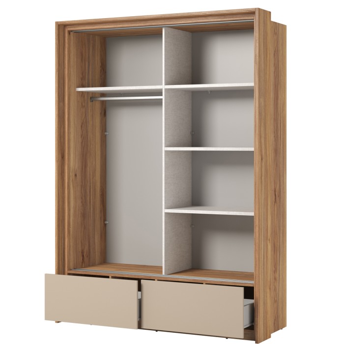 Armoire 2 portes avec miroirs, 2 tiroirs, penderie et 5 étagères coloris chêne et beige – Collection VOX