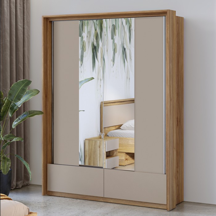 Armoire 2 portes avec miroirs, 2 tiroirs, penderie et 5 étagères coloris chêne et beige – Collection VOX
