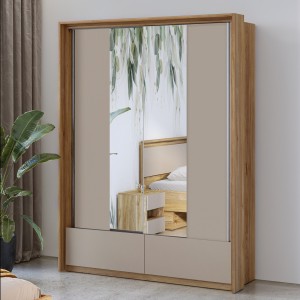 Armoire 2 portes avec miroirs, 2 tiroirs, penderie et 5 étagères coloris chêne et beige