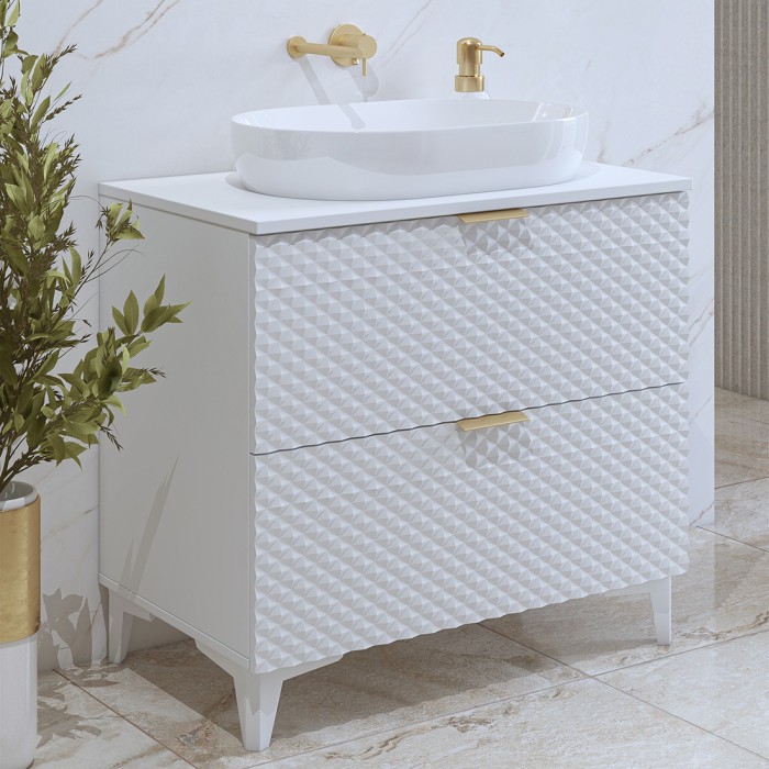 Meuble sous vasque de salle de bain 80cm avec 2 tiroirs collection CHIC coloris blanc et doré