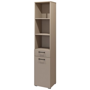Meuble de rangement haut collection WASHING – 1 tiroir, 1 porte et 1 panier – Taupe et chêne