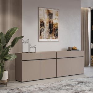 Buffet XL coloris beige et noir 225cm collection HAVANA. Bahut  design avec 4 portes et 4 tiroirs.