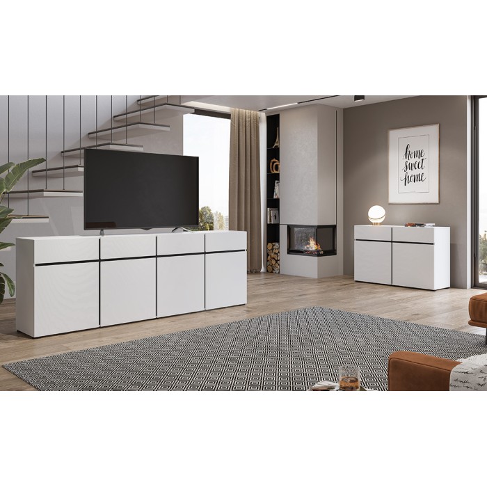 Buffet XL coloris blanc et noir 225cm collection HAVANA. Bahut  design avec 4 portes et 4 tiroirs.