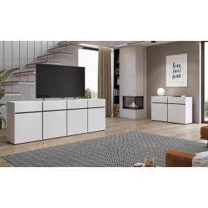 Buffet XL coloris blanc et noir 225cm collection HAVANA. Bahut  design avec 4 portes et 4 tiroirs.