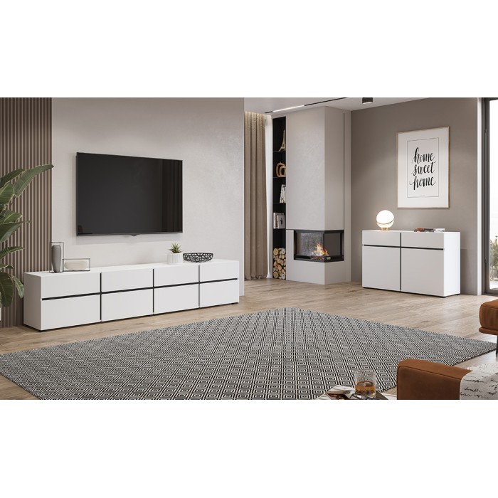 Meuble TV XL coloris blanc et noir 225cm collection HAVANA. Meuble design avec 4 portes et 4 tiroirs.