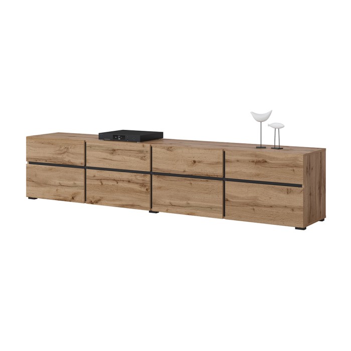 Meuble TV XL coloris chêne et noir 225cm collection HAVANA. Meuble design avec 4 portes et 4 tiroirs.