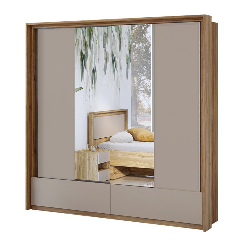 Armoire 2 portes avec miroirs, 2 tiroirs, penderie et 5 étagères coloris chêne et beige