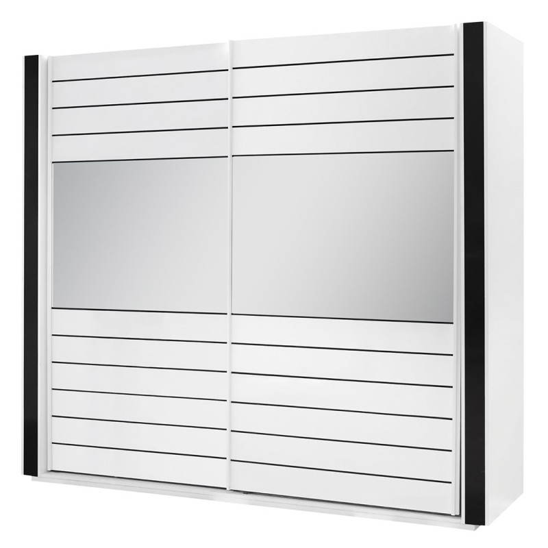 Armoire blanche et noire LINA – 220 x 225 x 68 cm avec 2 grandes penderies et 2 grands miroirs