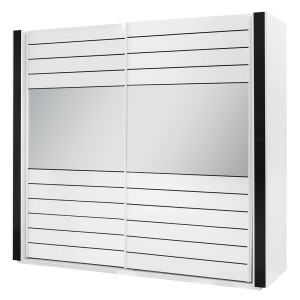 Armoire blanche et noire LINA – 220 x 225 x 68 cm avec 2 grandes penderies et 2 grands miroirs