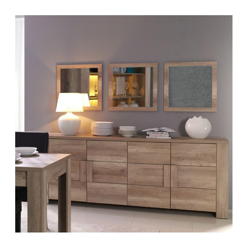 Buffet 4 portes FARRA chêne dab sonoma avec 3 miroirs carrés