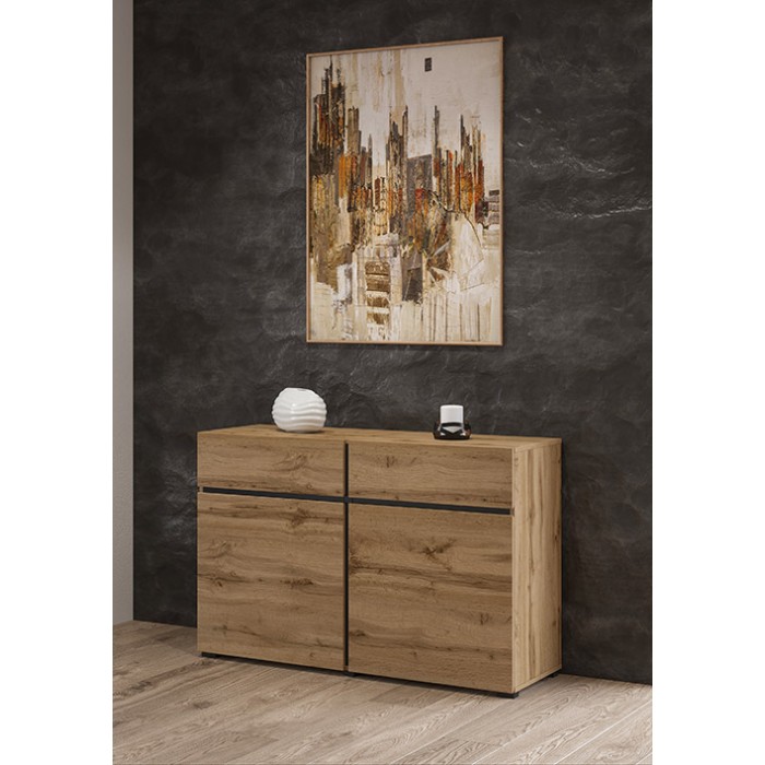 Buffet 120cm coloris chêne et noir collection HAVANA. Bahut  design avec 2 portes et 2 tiroirs.