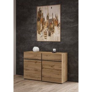 Buffet 120cm coloris chêne et noir collection HAVANA. Bahut  design avec 2 portes et 2 tiroirs.