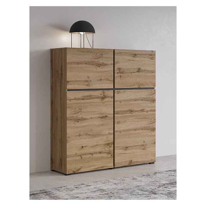 Buffet haut coloris chêne et noir L120xH140xP40 collection HAVANA. Bahut  haut design avec 4 portes.