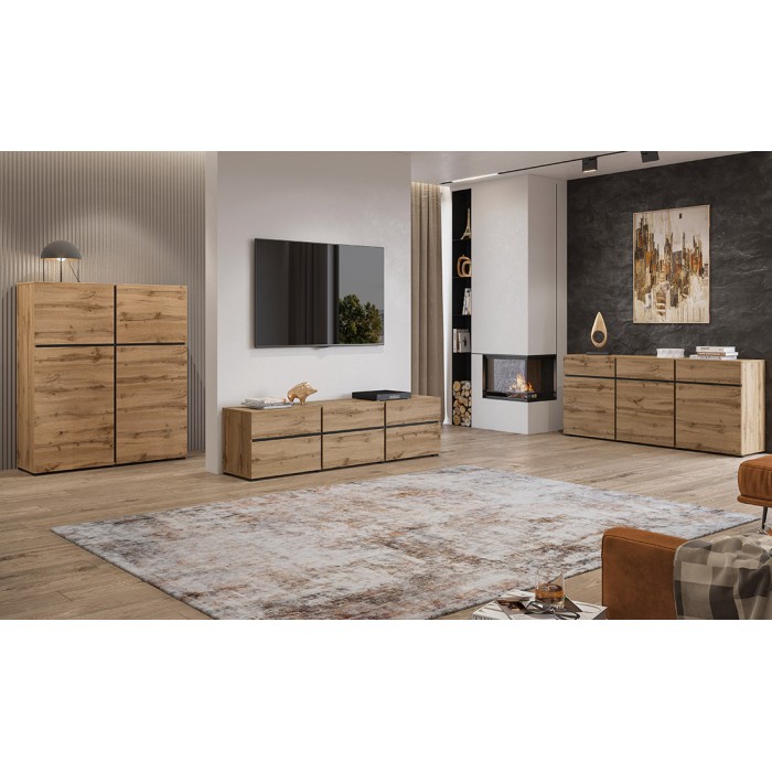 Buffet haut coloris chêne et noir L120xH140xP40 collection HAVANA. Bahut  haut design avec 4 portes.