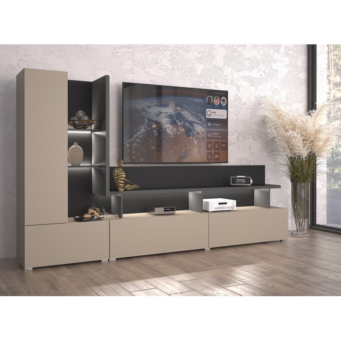 Meuble TV coloris marron congo et gris anthracite collection NESS – 5 niches, 2 portes, 2 tiroirs