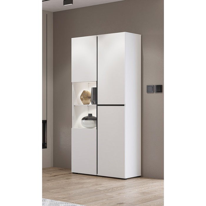 Vitrine haute 2 portes collection HAVANA avec LED intégrée. Coloris blanc et noir.
