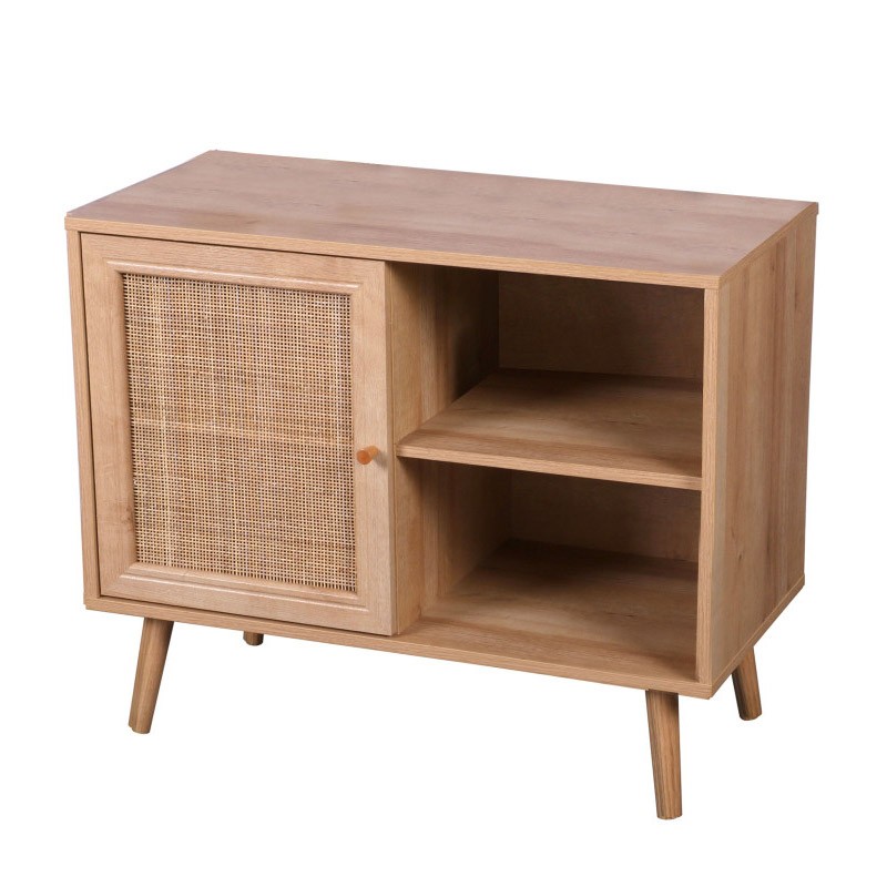 Commode ALTA chêne clair avec porte en rotin – Design scandinave et rangement pratique