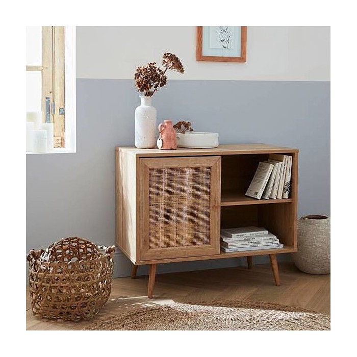 Commode ALTA chêne clair avec porte en rotin – Design scandinave et rangement pratique