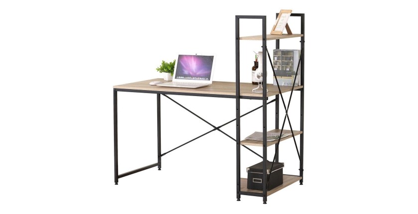 Bureau bois et métal HOLBORN avec étagères, coloris chêne et noir