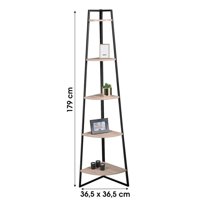 Étagère d'angle 5 niveaux collection HOLBORN – Style industriel, coloris chêne et noir