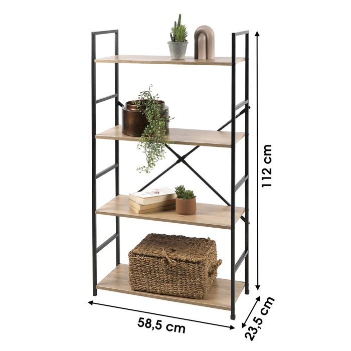 Bibliothèque 4 niveaux collection HOLBORN – Style industriel, coloris chêne et noir