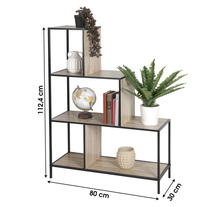 Étagère escalier sur 4 niveaux collection HOLBORN – Style industriel, coloris chêne et noir