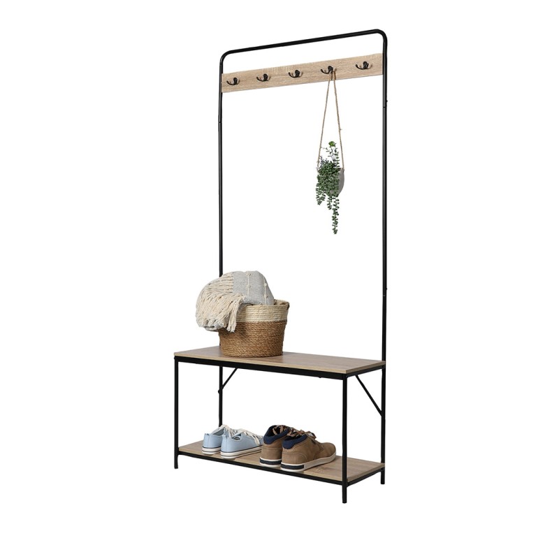 Portant collection PHOEBE coloris chêne clair et noir. Meuble d'entrée avec banc et rangement chaussures intégrés