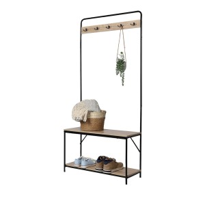 Portant collection PHOEBE coloris chêne clair et noir. Meuble d'entrée avec banc et rangement chaussures intégrés