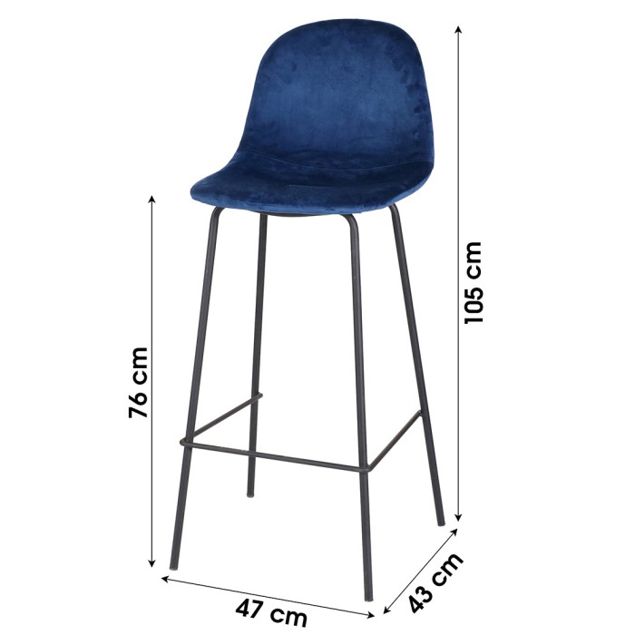 Lot de 4 tabourets de bar avec dossier en velours bleu et structure en métal collection LALY - Style industriel