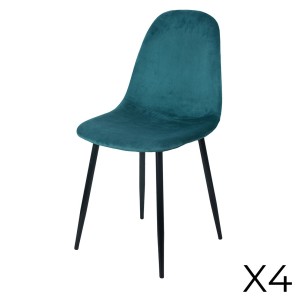 Lot de 4 chaises LOLY, assise et dossier en velours bleu canard, structure en métal noir