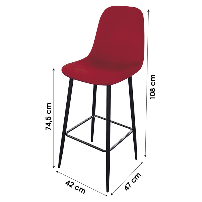 Lot de 4 tabourets LOLY, assise et dossier en velours bordeaux, structure en métal noir