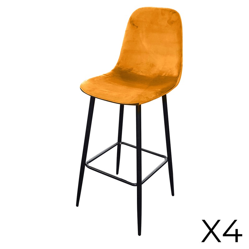 Lot de 4 tabourets LOLY, assise et dossier en velours jaune, structure en métal noir