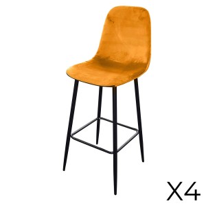 Lot de 4 tabourets LOLY, assise et dossier en velours jaune, structure en métal noir