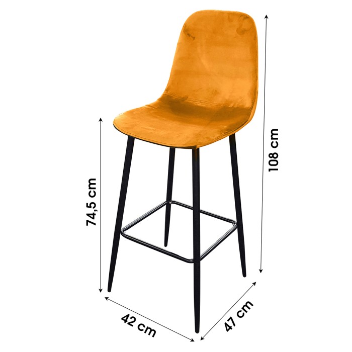 Lot de 4 tabourets LOLY, assise et dossier en velours jaune, structure en métal noir