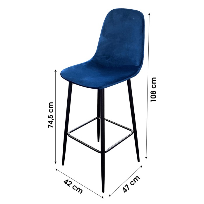 Lot de 4 tabourets LOLY, assise et dossier en velours bleu, structure en métal noir
