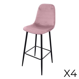 Lot de 4 tabourets LOLY, assise et dossier en velours rose, structure en métal noir