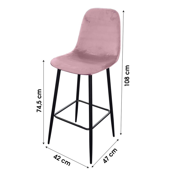 Lot de 4 tabourets LOLY, assise et dossier en velours rose, structure en métal noir