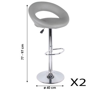 Lot de 2 tabourets de bar réglables en hauteur 77-97 cm – Assise simili cuir PU gris, pied en métal gris, diamètre 40 cm