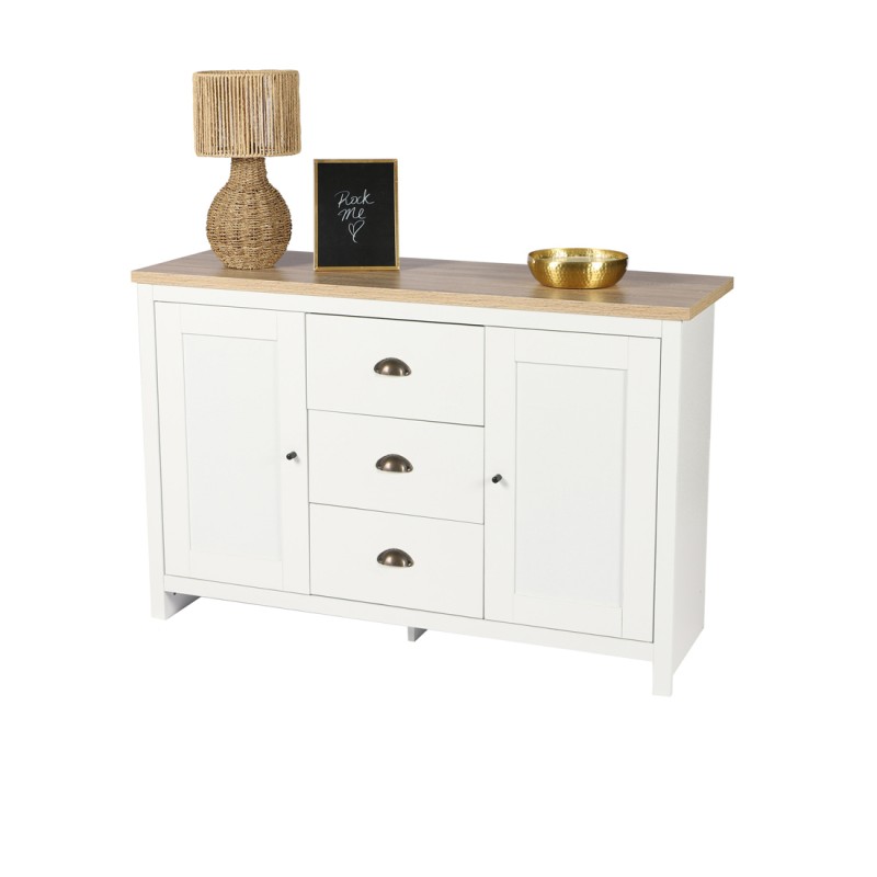 Buffet avec 2 portes et 3 tiroirs design colonial – 119x39,5xH77 cm, coloris blanc et plateau chêne clair – Collection MADERA