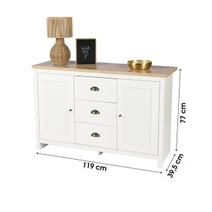 Buffet avec 2 portes et 3 tiroirs design colonial – 119x39,5xH77 cm, coloris blanc et plateau chêne clair – Collection MADERA