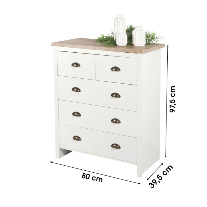 Commode avec 5 tiroirs design colonial – 80x39,5xH97,5 cm, coloris blanc et plateau chêne clair – Collection MADERA