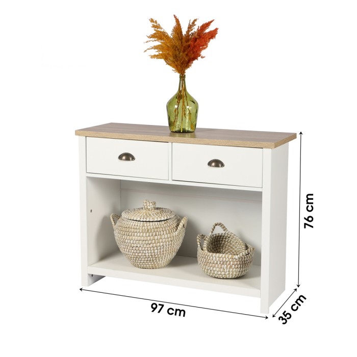 Console avec 1 étagère et 2 tiroirs design colonial – 97x35xH76 cm, coloris blanc et plateau chêne clair – Collection MADERA