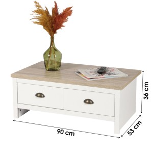 Meuble TV design colonial – 120x39,5xH42,5 cm, 2 tiroirs et 2 niches, coloris blanc et plateau chêne clair – Collection MADERA