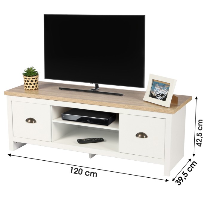 Meuble TV design colonial – 120x39,5xH42,5 cm, 2 tiroirs et 2 niches, coloris blanc et plateau chêne clair – Collection MADERA
