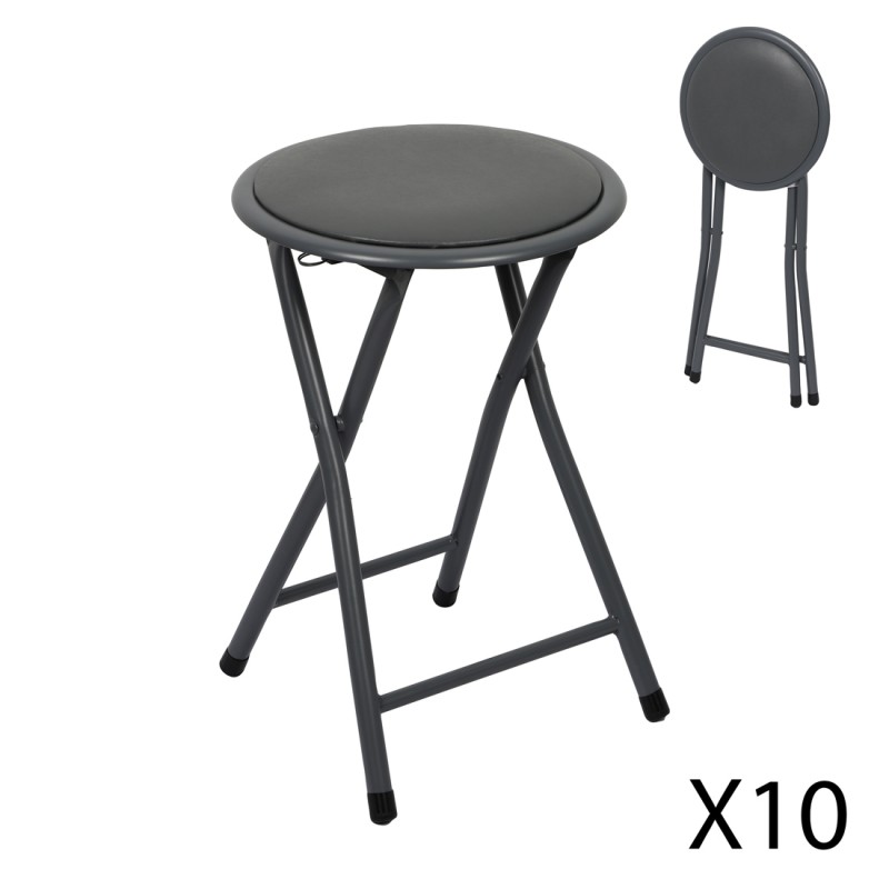 Lot de 10 tabourets pliables – Collection BASICUS, coloris noir, assise en PU, diamètre 30 cm, hauteur 45 cm