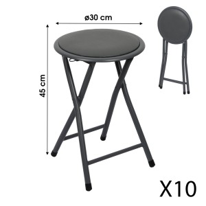 Lot de 10 tabourets pliables – Collection BASICUS, coloris noir, assise en PU, diamètre 30 cm, hauteur 45 cm