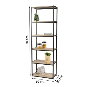 Bibliothèque 6 niveaux collection RANONG– Style industriel, coloris chêne et noir
